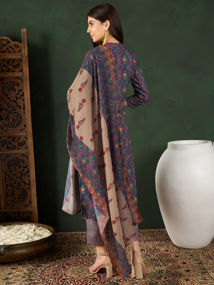 Blue-Poly-Rayon-Floral-Printed-3-Piece-Kurta-Set