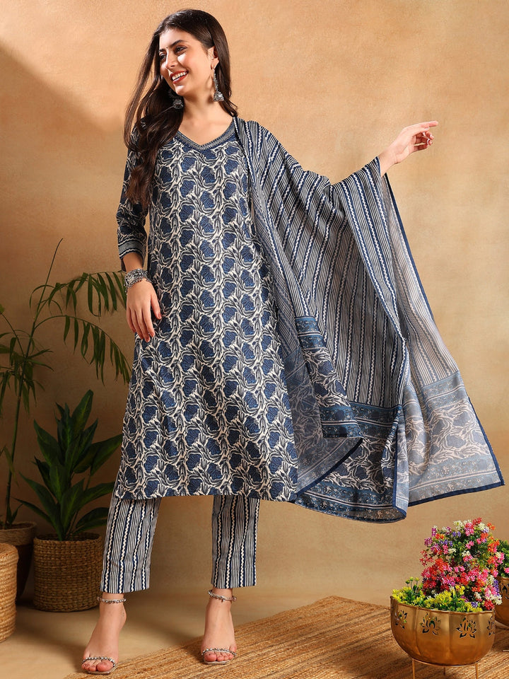 Blue-Poly-Rayon-Floral-Printed-Straight-3-Piece-Kurta-Set