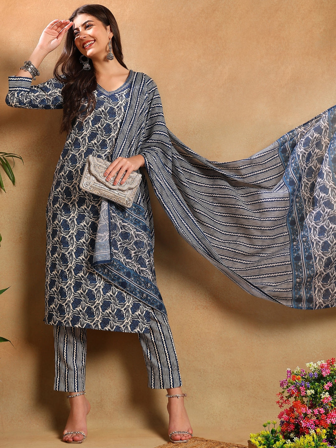 Blue-Poly-Rayon-Floral-Printed-Straight-3-Piece-Kurta-Set