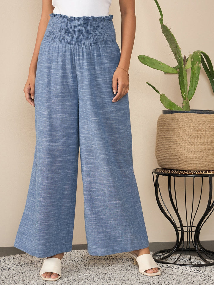 Blue-Polyester-Crepe-Self-Design-Smocked-Waist-Pants