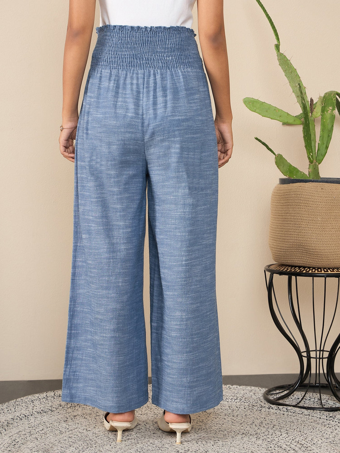 Blue-Polyester-Crepe-Self-Design-Smocked-Waist-Pants