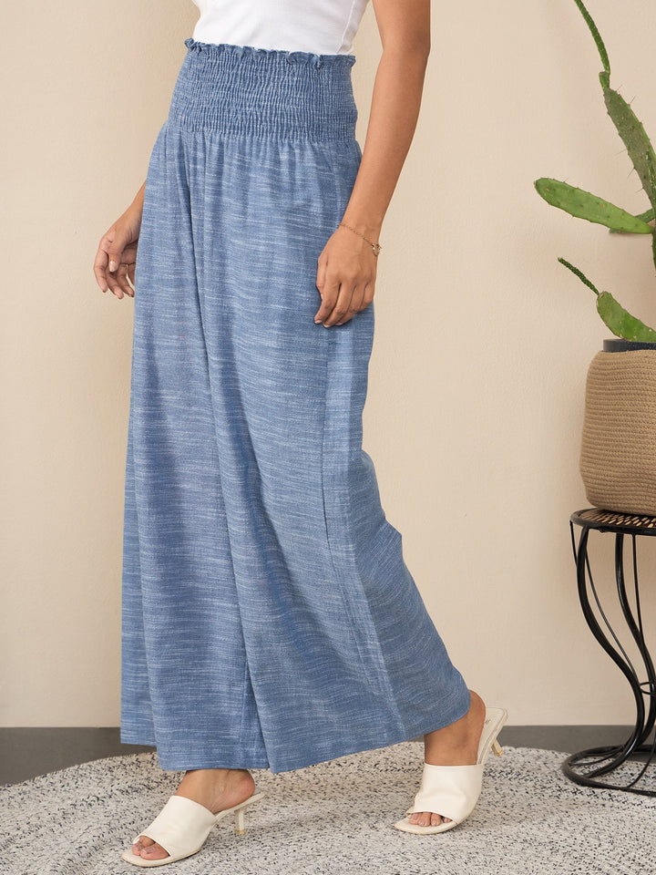 Blue-Polyester-Crepe-Self-Design-Smocked-Waist-Pants