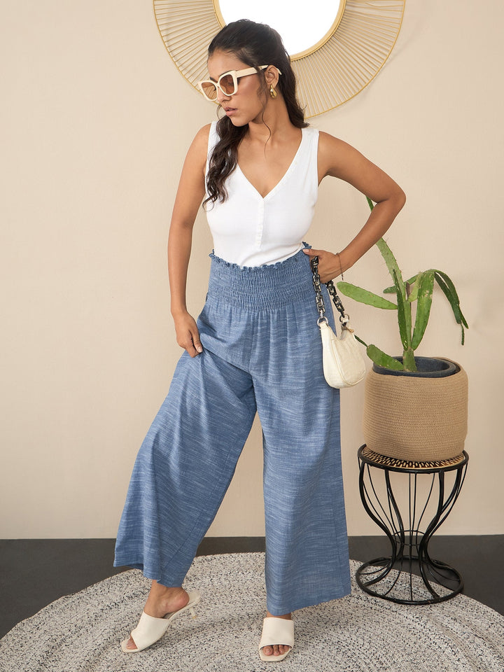 Blue-Polyester-Crepe-Self-Design-Smocked-Waist-Pants