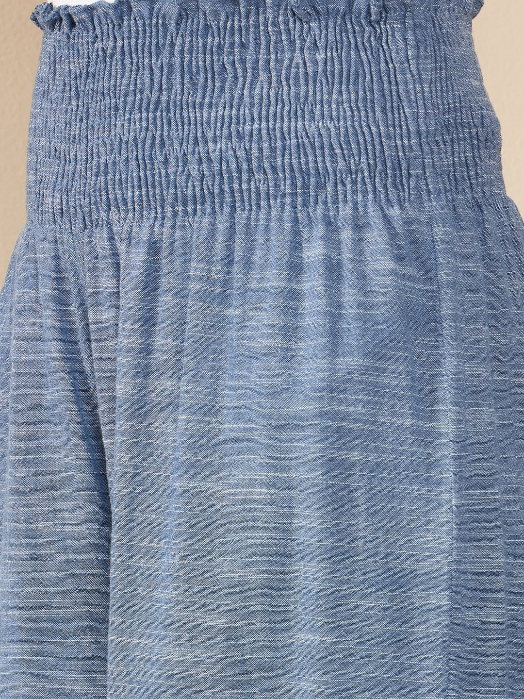 Blue-Polyester-Crepe-Self-Design-Smocked-Waist-Pants