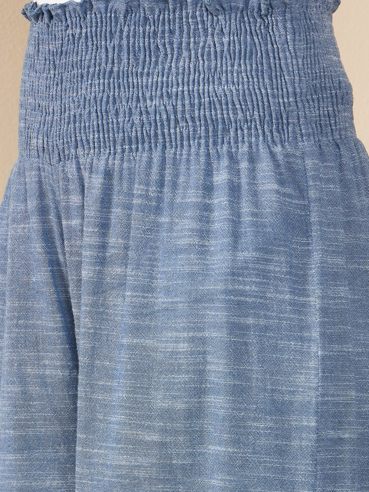 Blue-Polyester-Crepe-Self-Design-Smocked-Waist-Pants