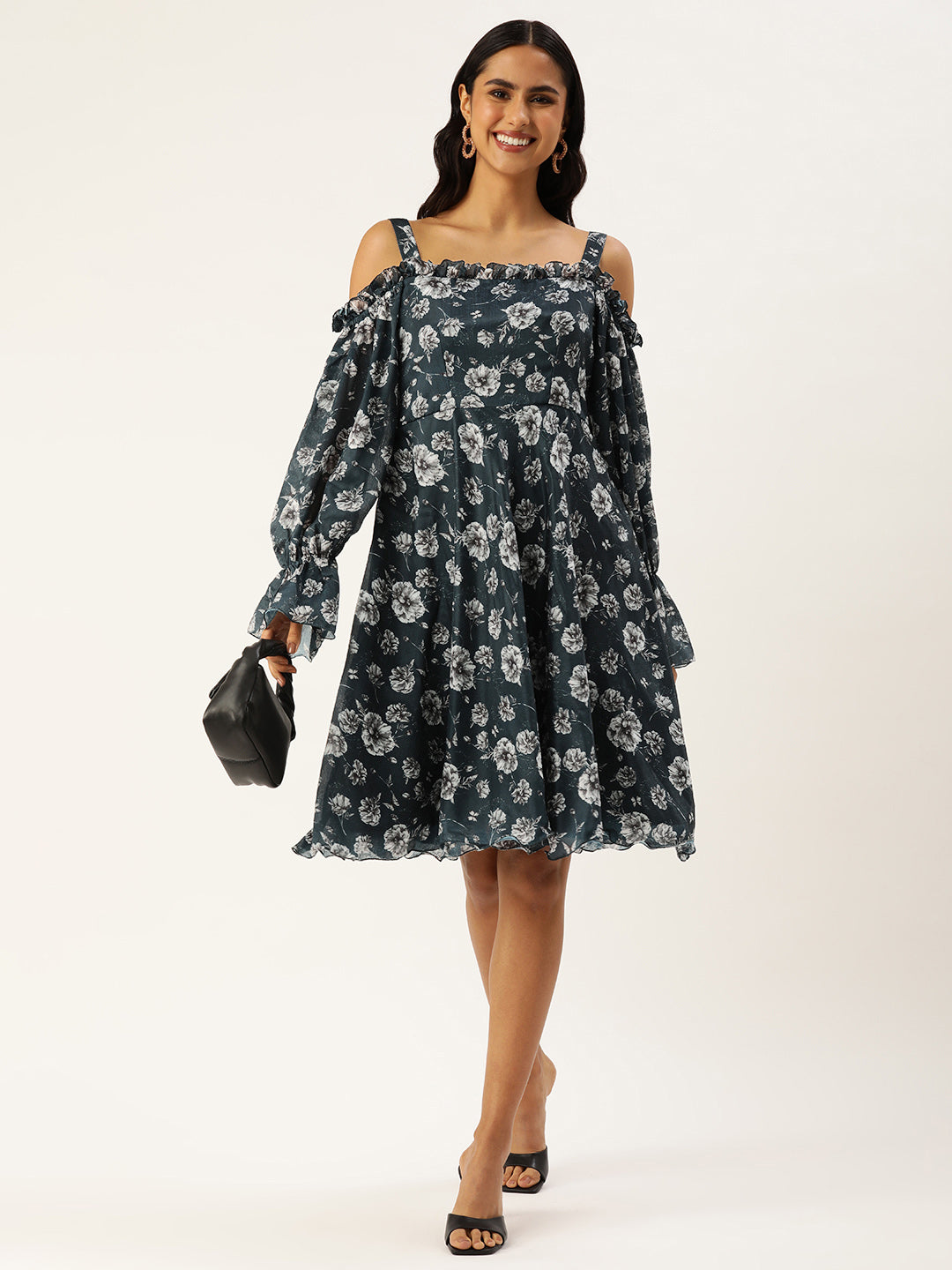 Blue-Polyester-Digital-Printed-Chinon-Dress