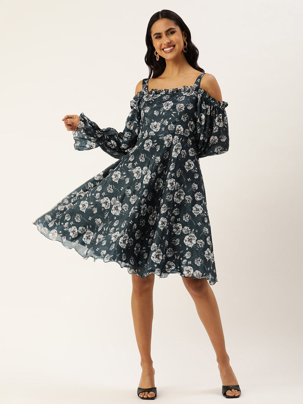 Blue-Polyester-Digital-Printed-Chinon-Dress