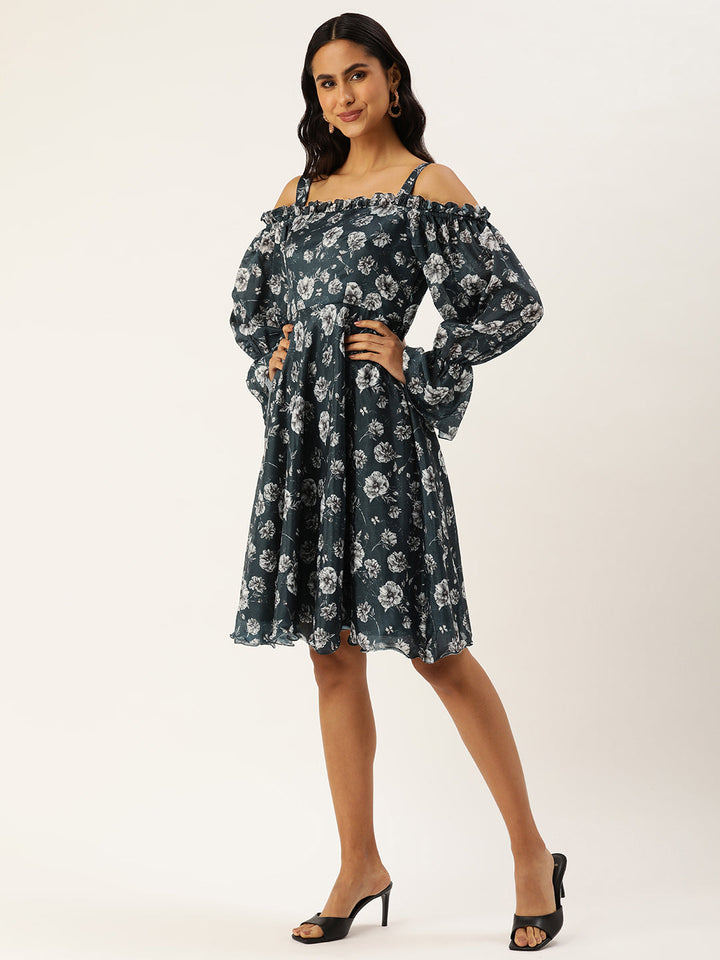 Blue-Polyester-Digital-Printed-Chinon-Dress