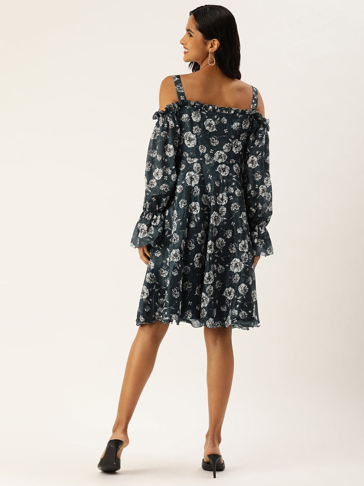 Blue-Polyester-Digital-Printed-Chinon-Dress