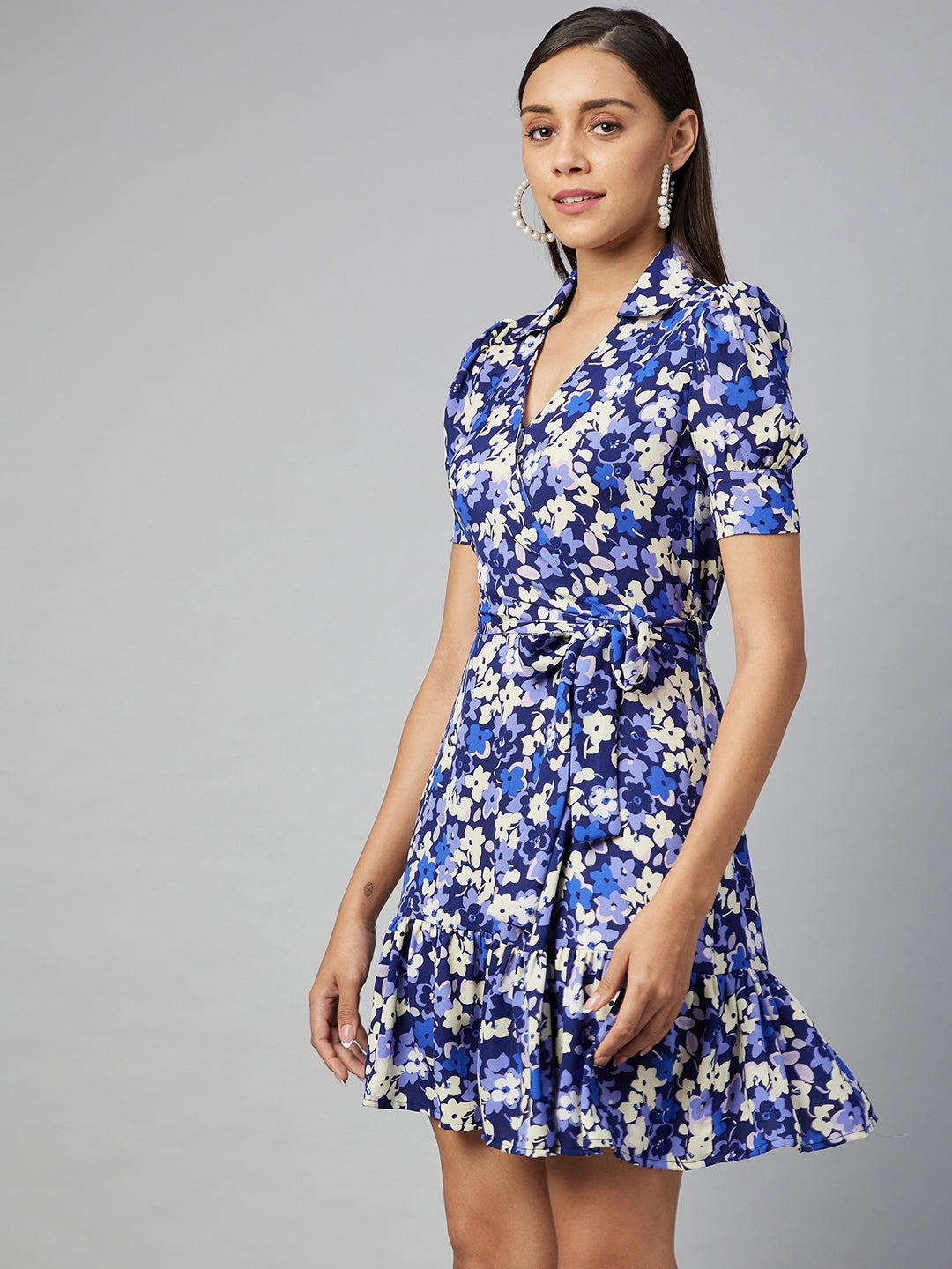Blue-Polyester-Overlap-Floral-Dress