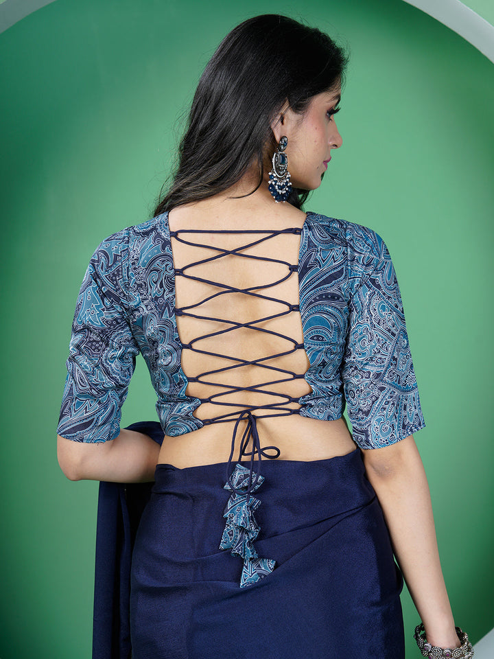 Blue-Polyester-Printed-Chinon-Blouse-&-Saree