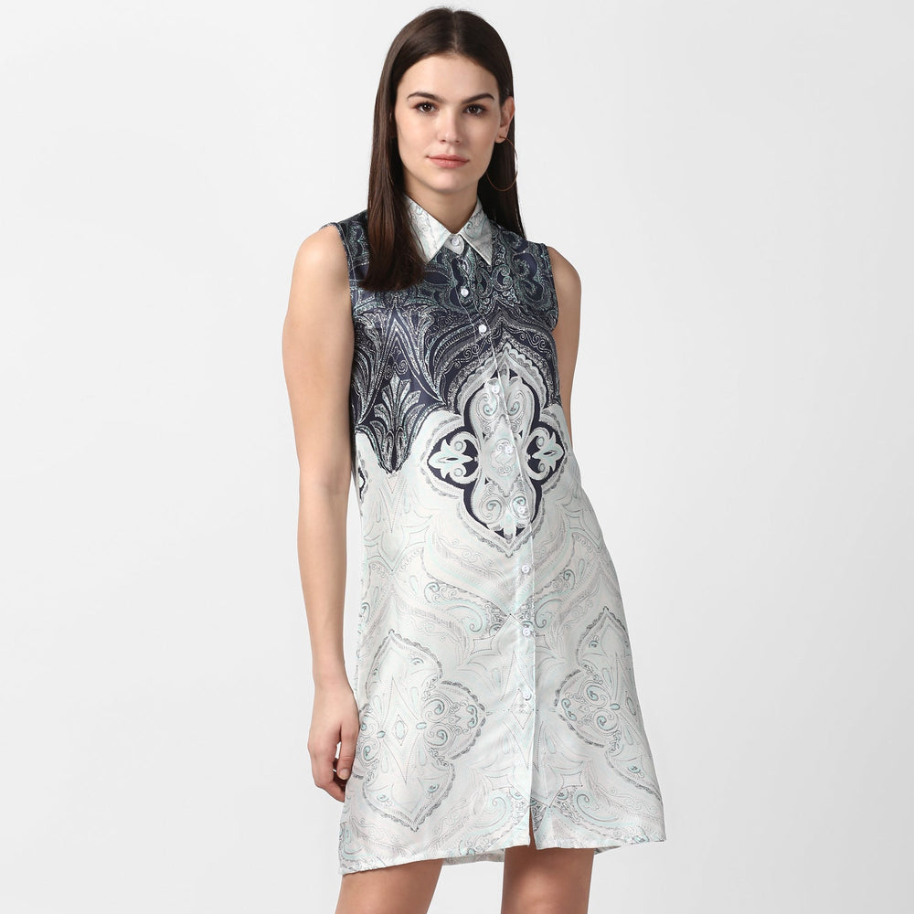 Blue-Polyester-Satin-Printed-Dress-with-front-Buttons