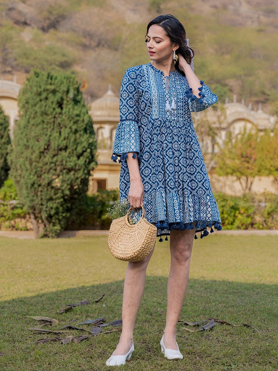 Blue-Cotton-Ethnic-Motifs-Less-Border-Tassels-Were-Dress