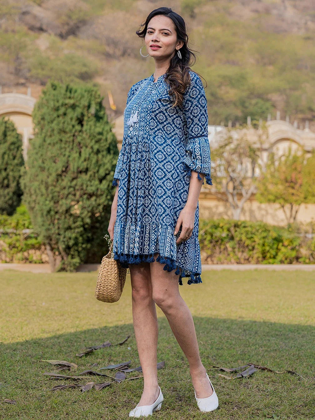 Blue-Cotton-Ethnic-Motifs-Less-Border-Tassels-Were-Dress