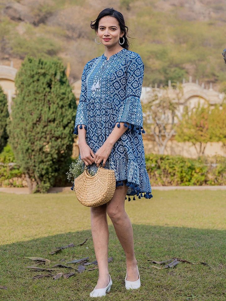 Blue-Cotton-Ethnic-Motifs-Less-Border-Tassels-Were-Dress