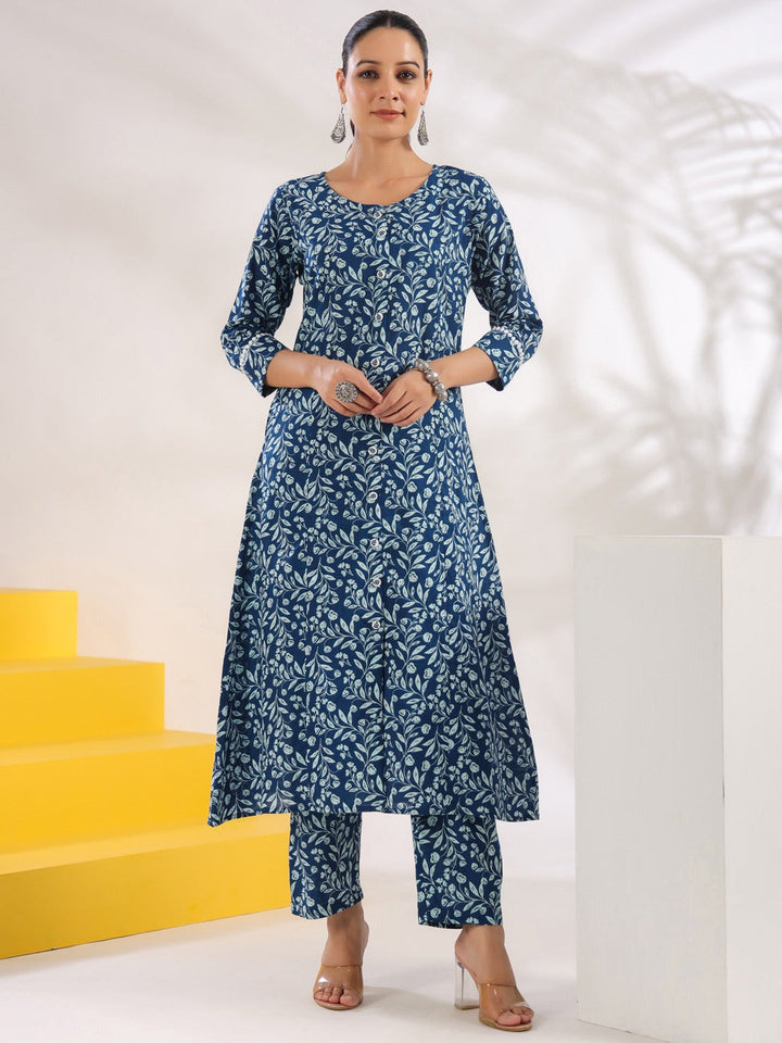 Blue-Cotton-Floral-Print-A-Line-2-Piece-Kurta-Set