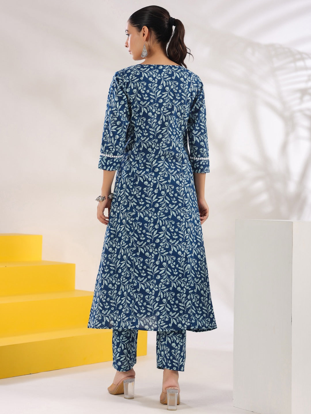 Blue-Cotton-Floral-Print-A-Line-2-Piece-Kurta-Set