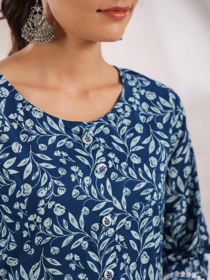 Blue-Cotton-Floral-Print-A-Line-2-Piece-Kurta-Set