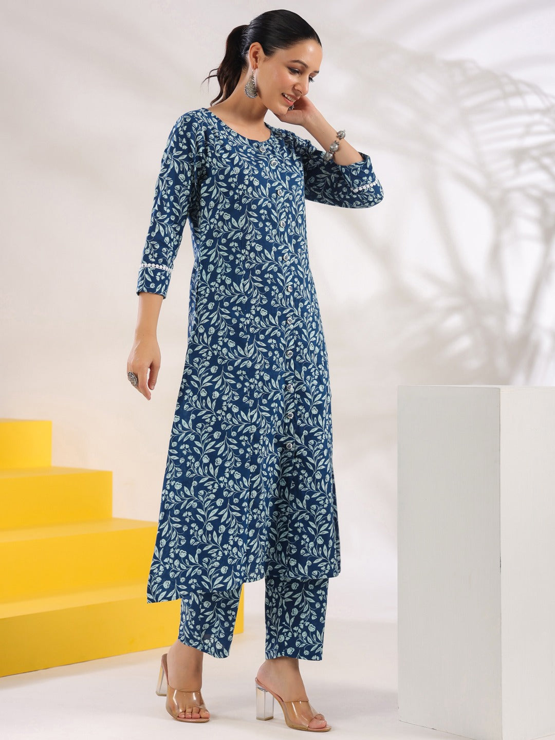 Blue-Cotton-Floral-Print-A-Line-2-Piece-Kurta-Set