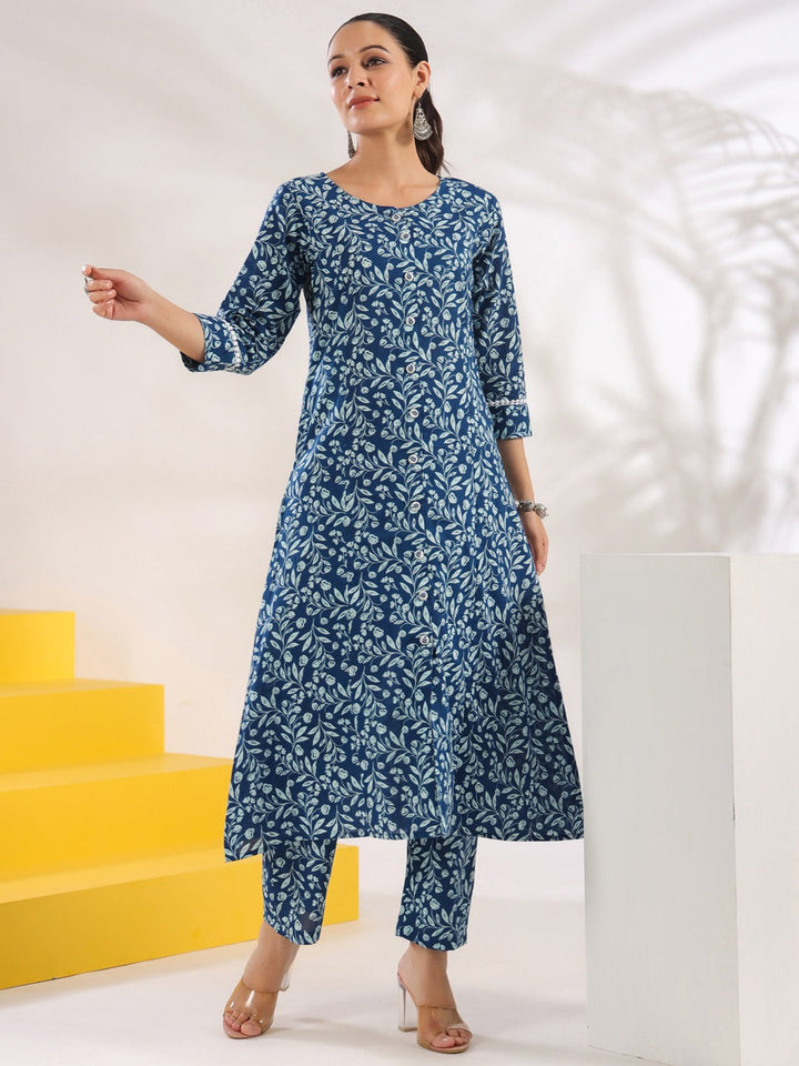 Blue-Cotton-Floral-Print-A-Line-2-Piece-Kurta-Set