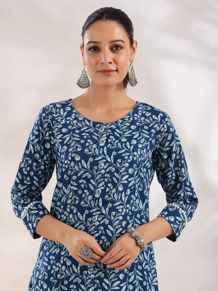 Blue-Cotton-Floral-Print-A-Line-2-Piece-Kurta-Set