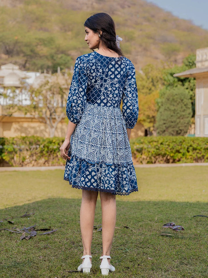 Blue-Pure-Cotton-Printed-Less-Border-Tassels-Were-Dress