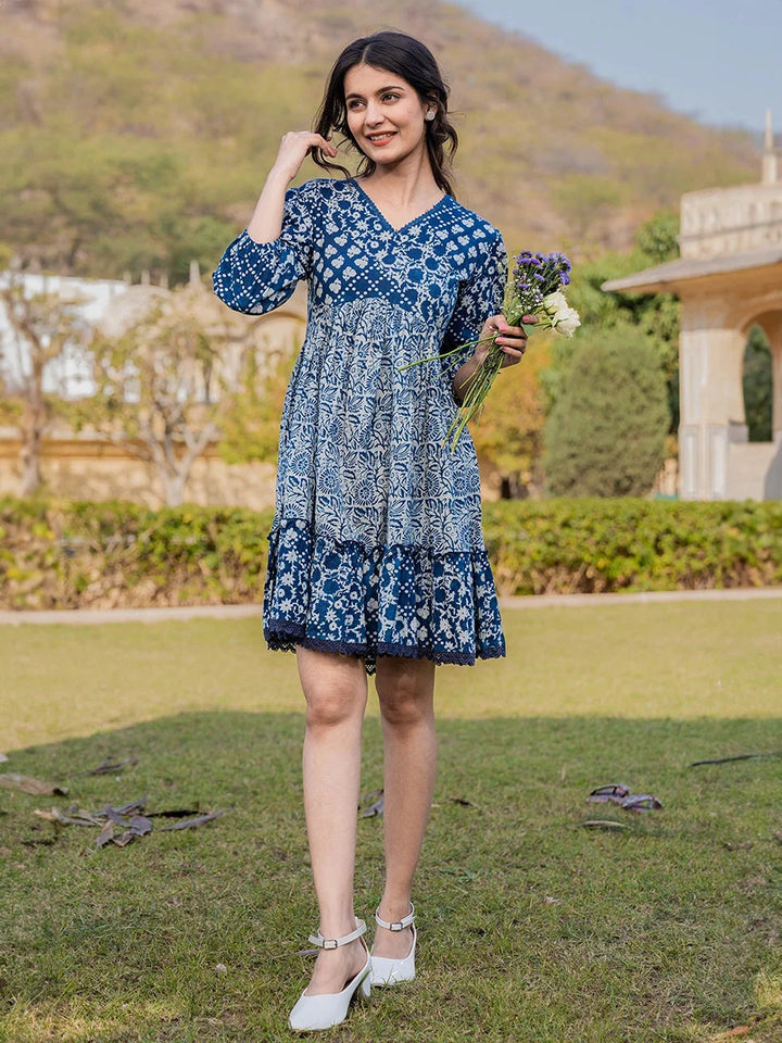 Blue-Pure-Cotton-Printed-Less-Border-Tassels-Were-Dress