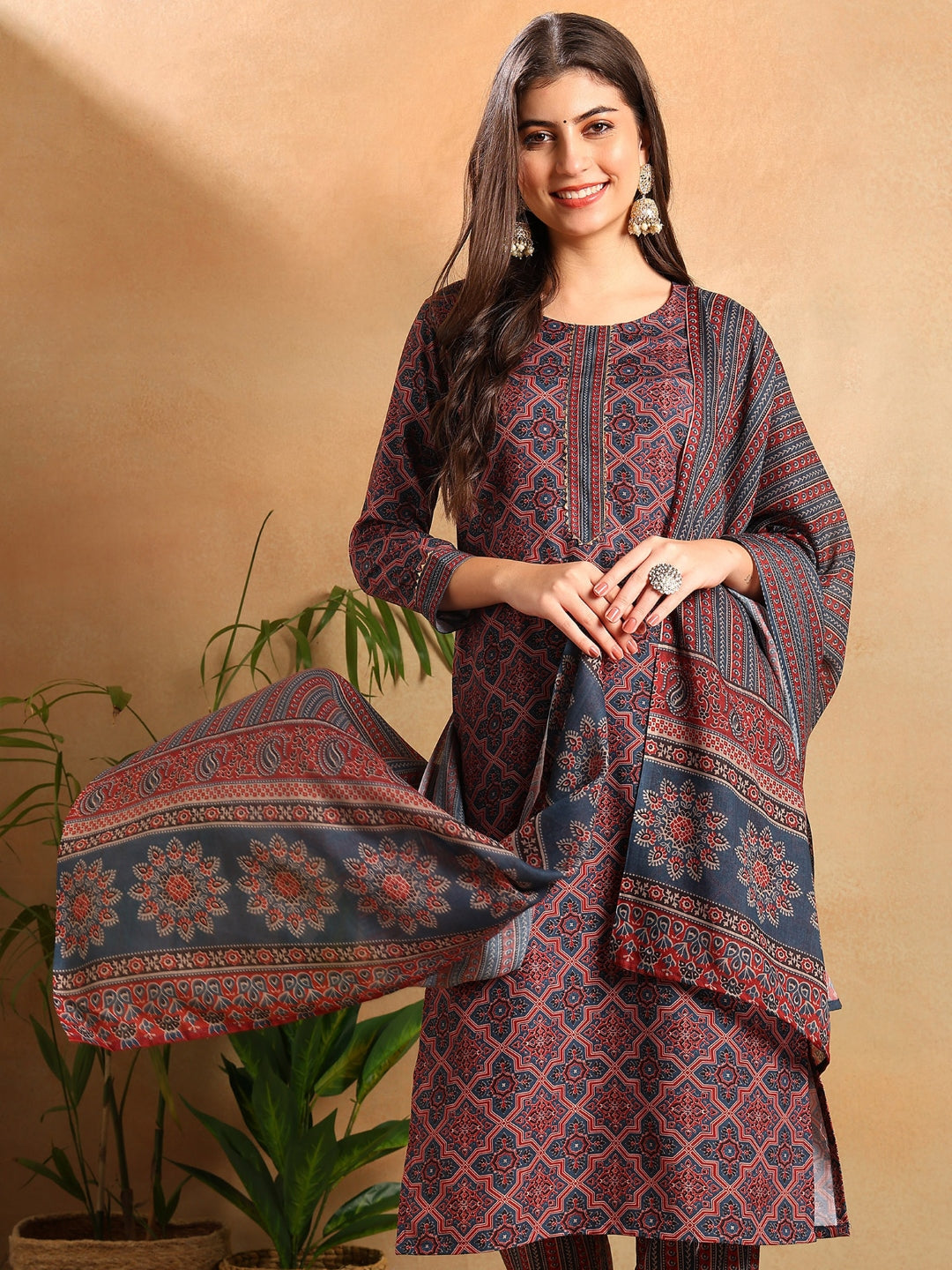 ZERESOUQ-Blue-Rayon-Blend-Ethnic-Motifs-Printed-3-Piece-Kurta-Set