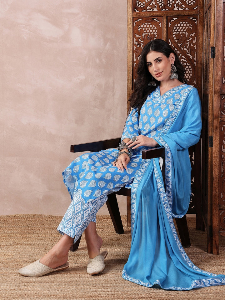 Blue-Rayon-Blend-Floral-Printed-3-Piece-Kurta-Set