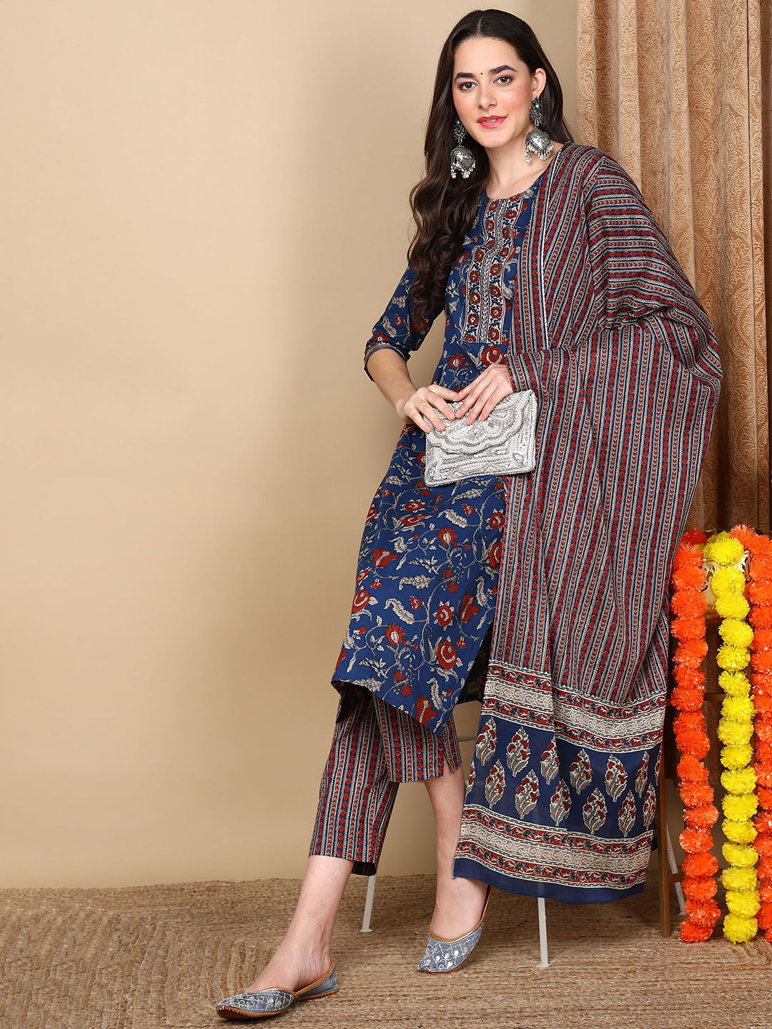 Blue-Rayon-Blend-Floral-Printed-Kurta-Trousers-With-Dupatta