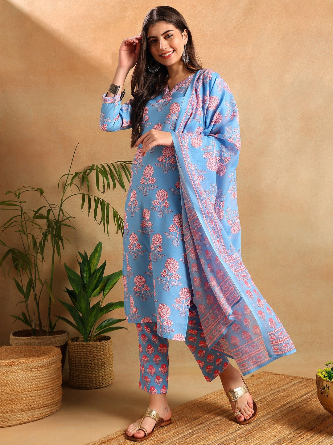 ZERESOUQ-Blue-Rayon-Blend-Floral-Printed-Straight-3-Piece-Kurta-Set