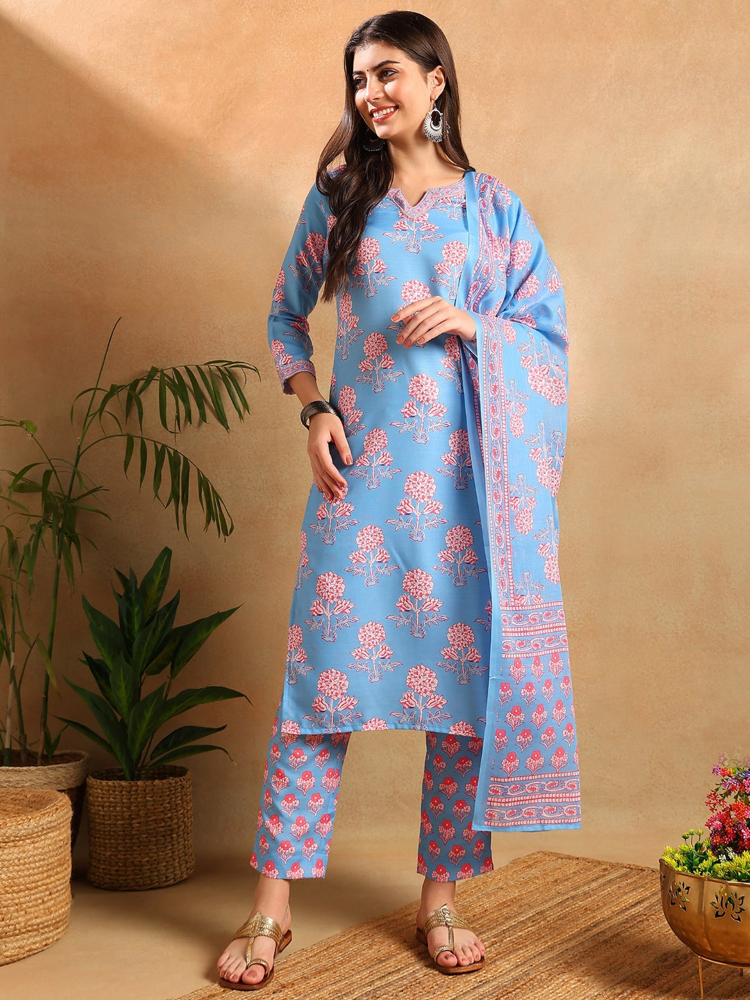 ZERESOUQ-Blue-Rayon-Blend-Floral-Printed-Straight-3-Piece-Kurta-Set