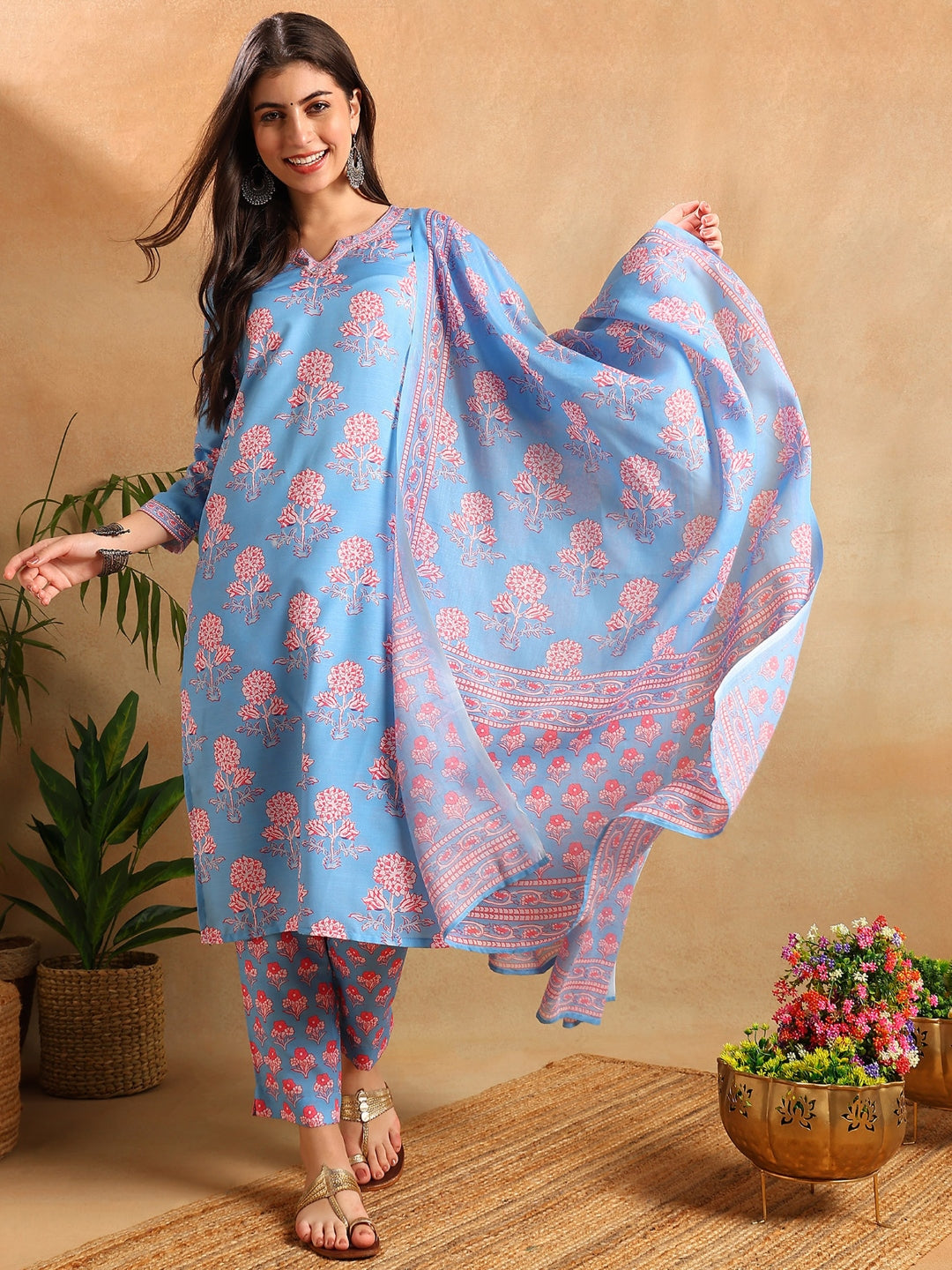 ZERESOUQ-Blue-Rayon-Blend-Floral-Printed-Straight-3-Piece-Kurta-Set