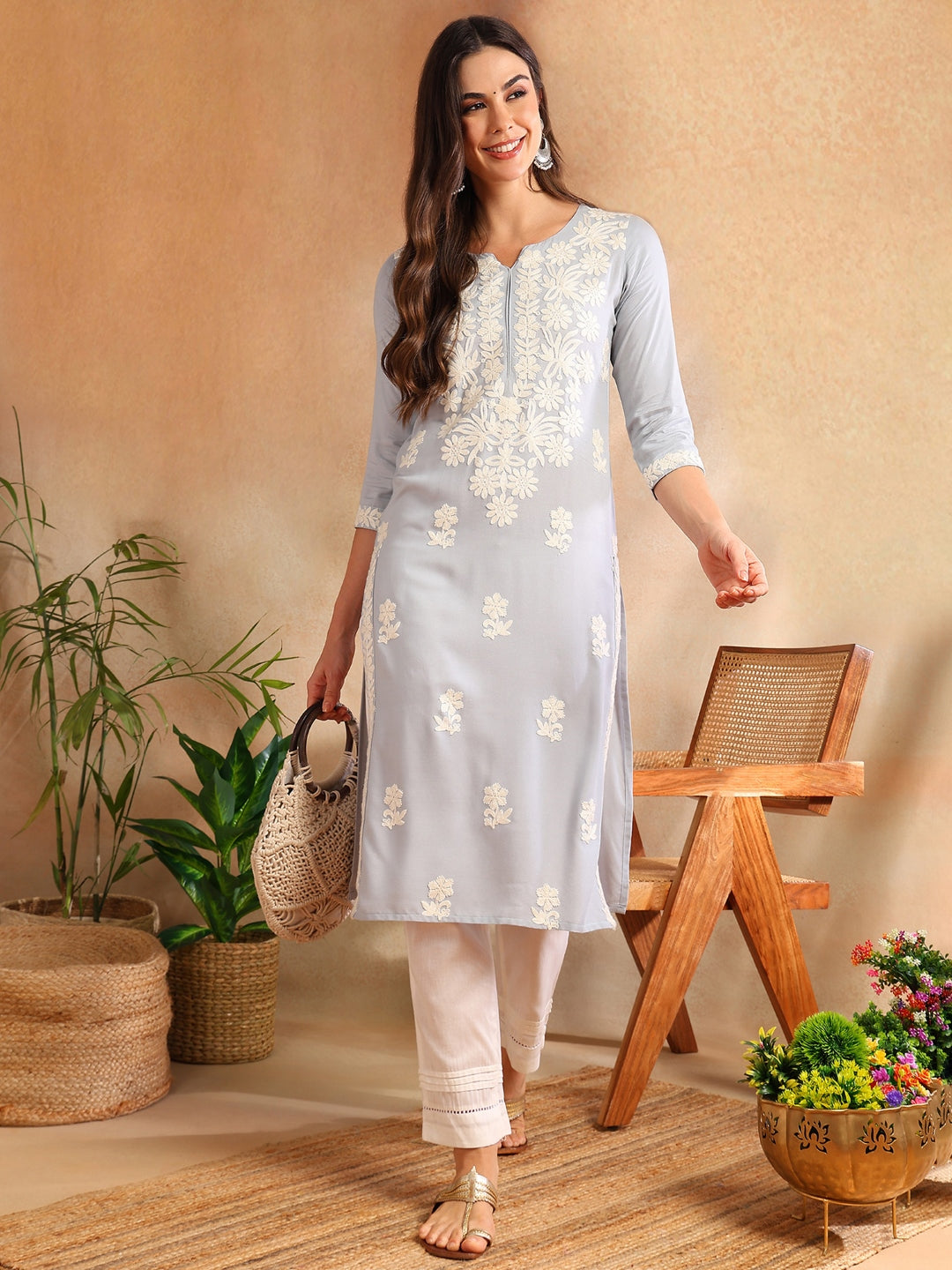 Blue-Rayon-Solid-Embroidered-Straight-Kurta