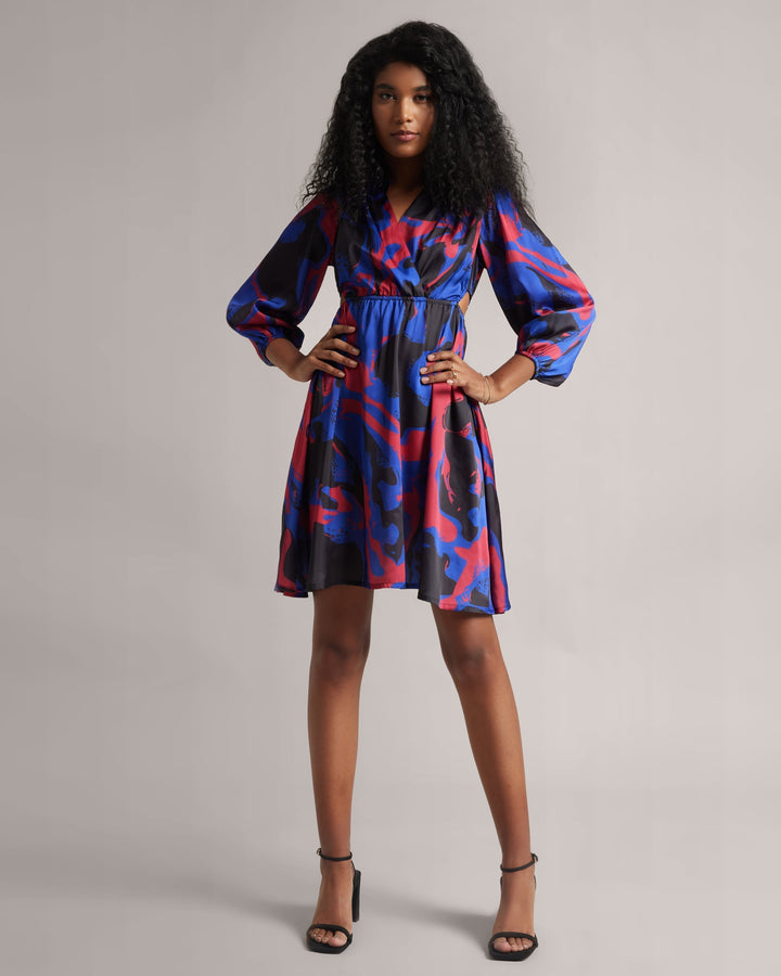 Blue Satin Abstract Print Mini Dress