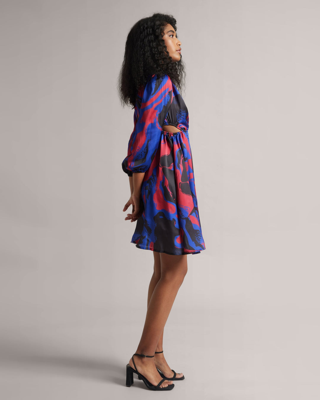 Blue Satin Abstract Print Mini Dress