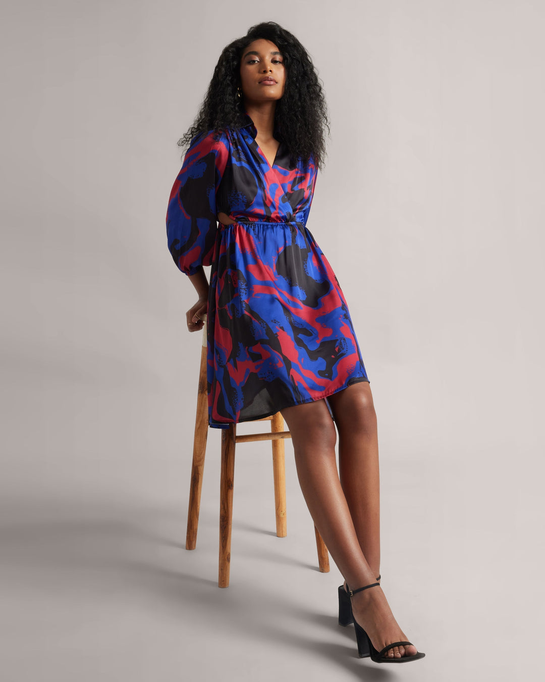 Blue Satin Abstract Print Mini Dress