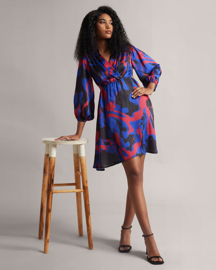 Blue Satin Abstract Print Mini Dress