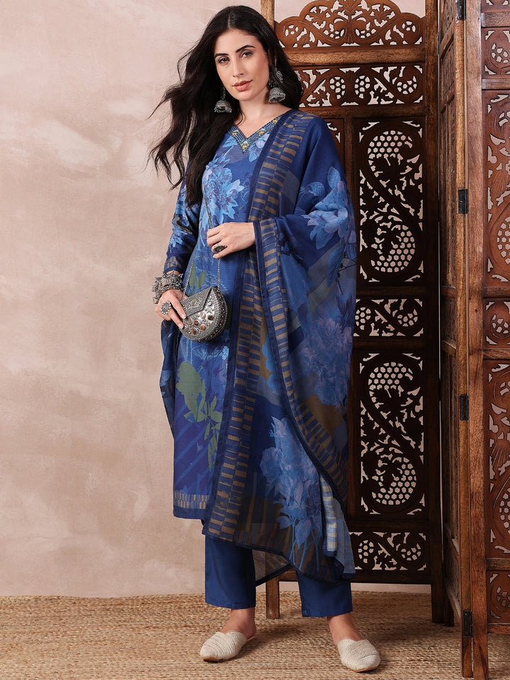 Blue-Silk-Blend-Floral-Printed-3-Piece-Kurta-Set