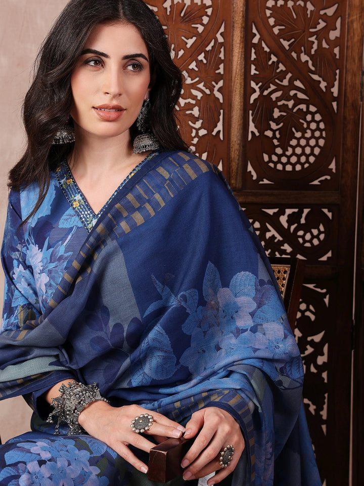 Blue-Silk-Blend-Floral-Printed-3-Piece-Kurta-Set