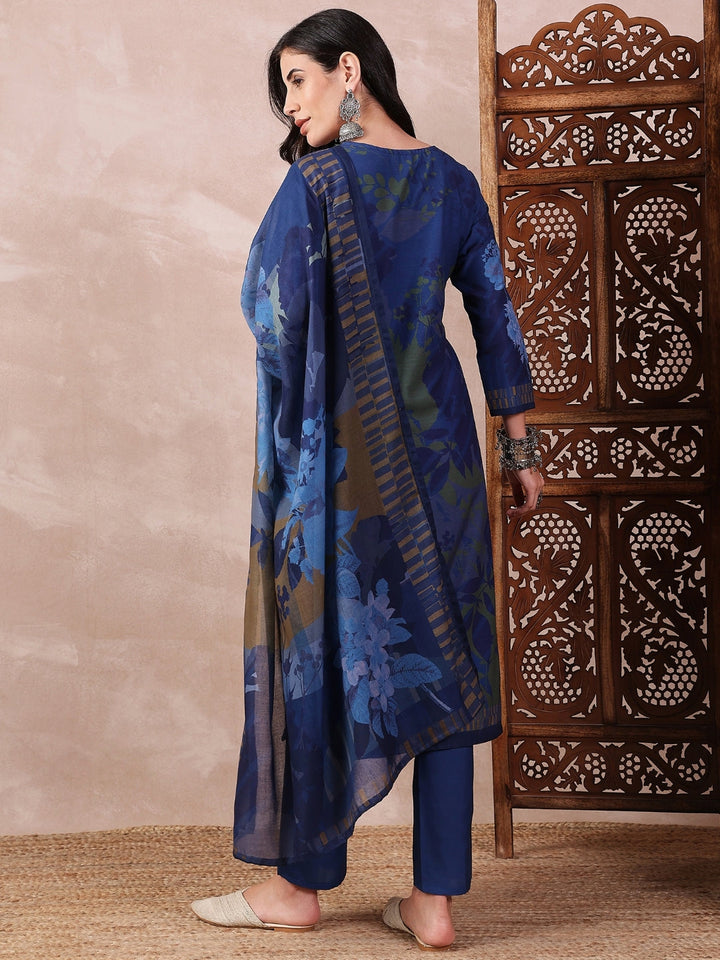 Blue-Silk-Blend-Floral-Printed-3-Piece-Kurta-Set