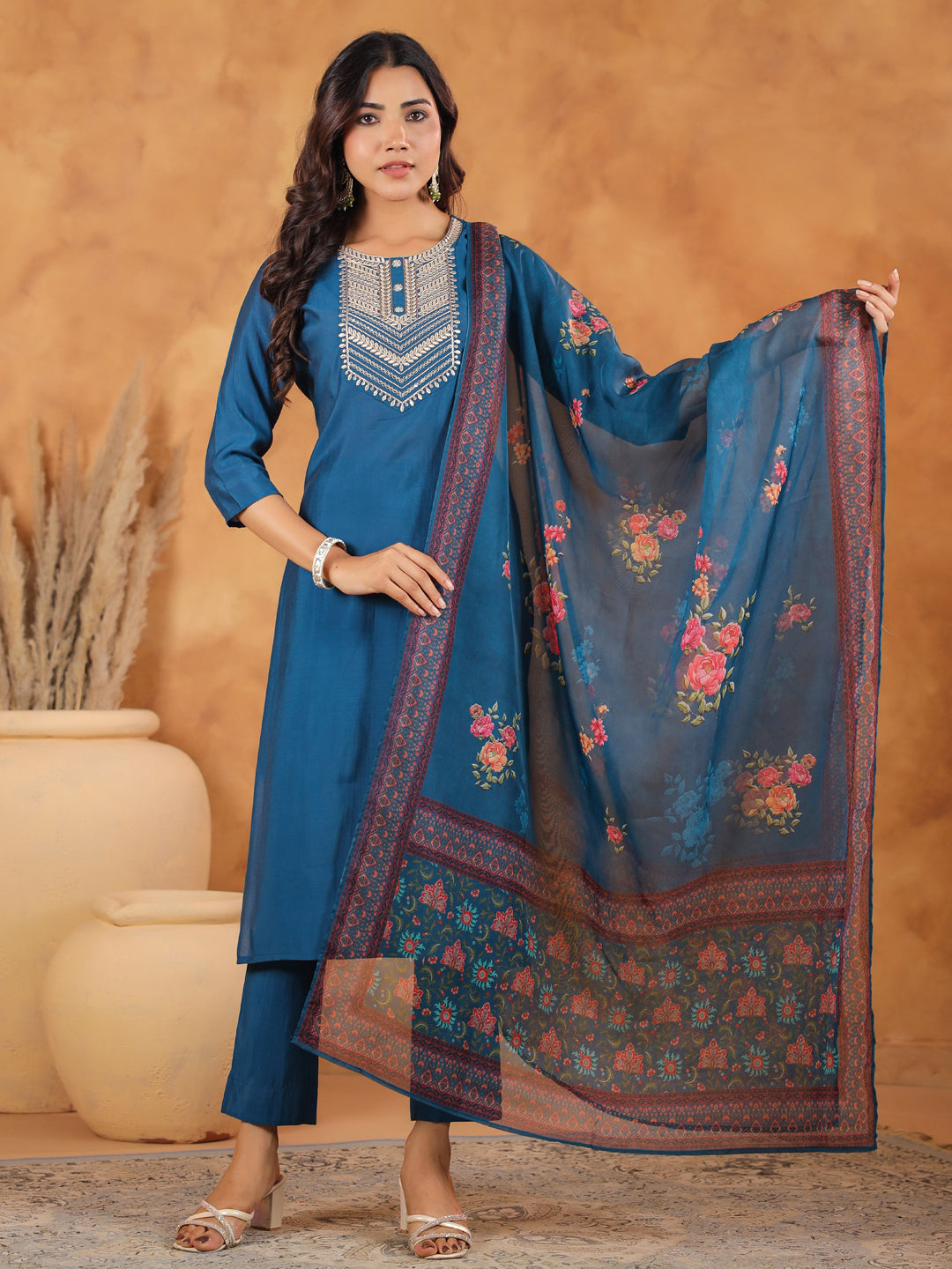 Blue Silk Blend Yoke Embroidery Straight Kurta Set