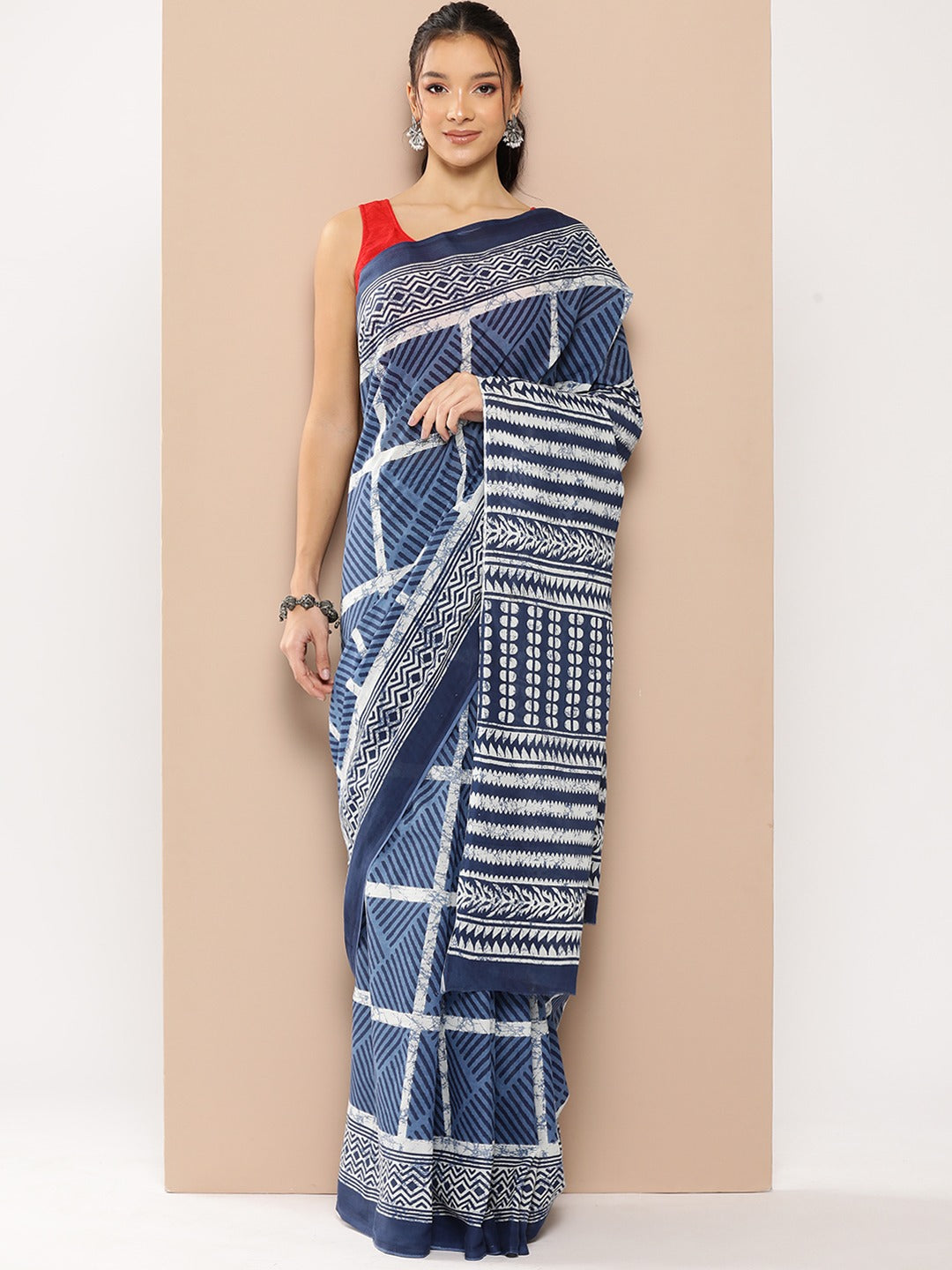 Blue-Mulmul-Cotton-Striped-Sarees-With-Unstitched-Blouse