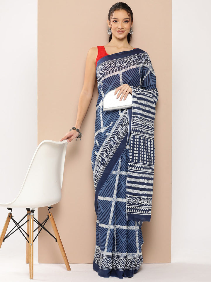 Blue-Mulmul-Cotton-Striped-Sarees-With-Unstitched-Blouse