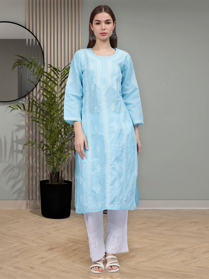 Blue-Terivoil-&-White-Embroidered-Chikankari-Kurti