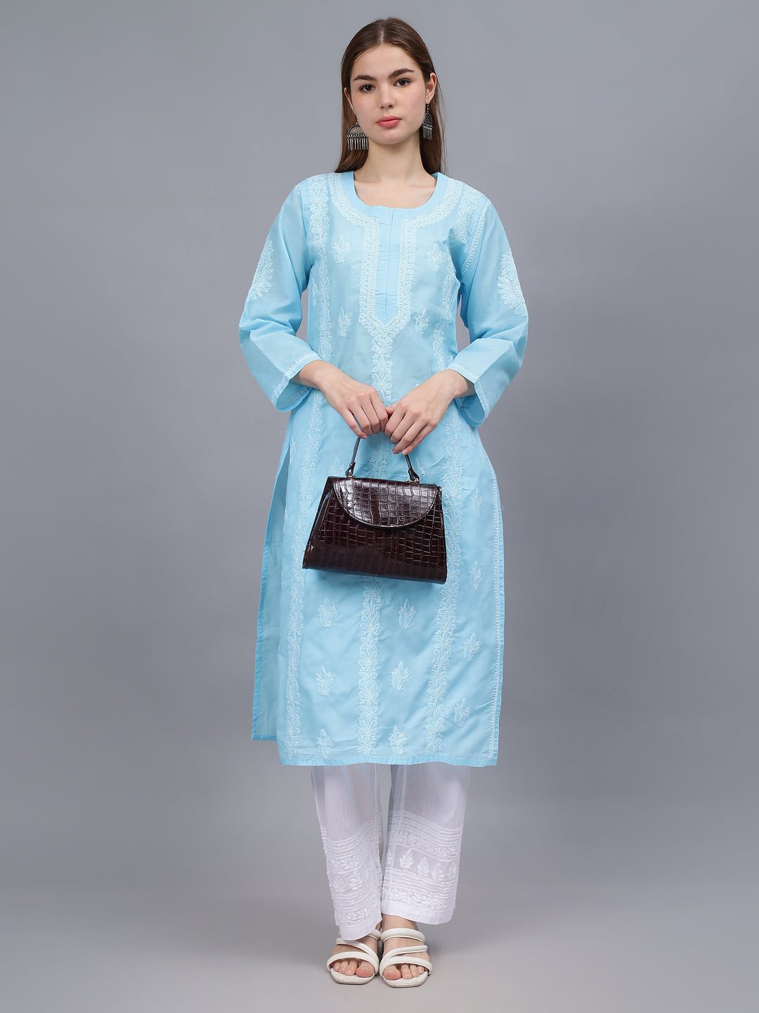 Blue-Terivoil-&-White-Embroidered-Chikankari-Kurti