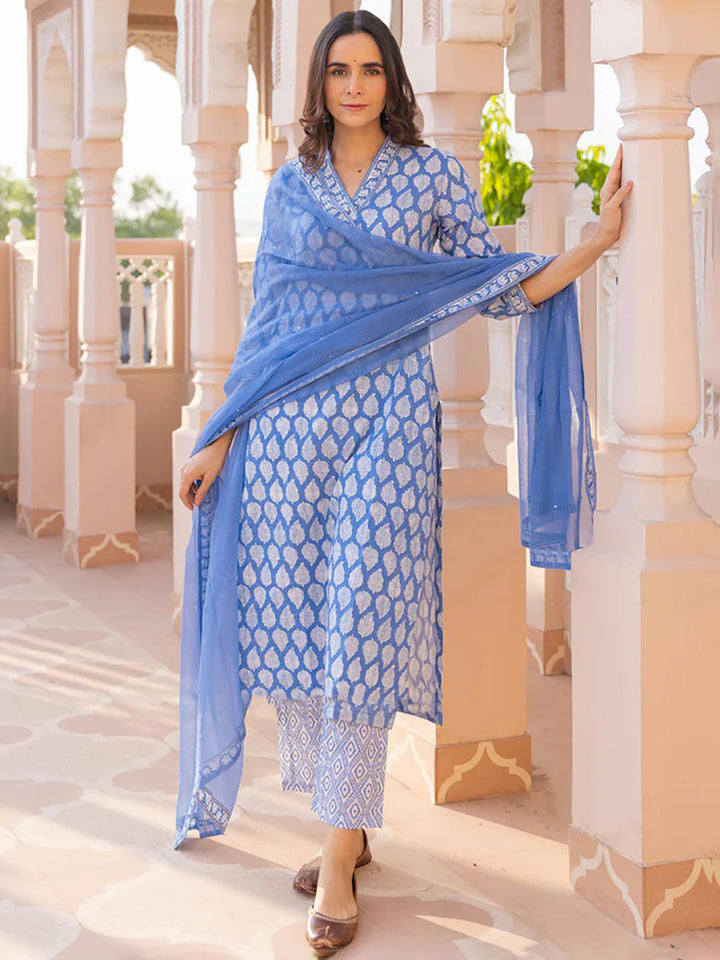 ZERESOUQ-Blue-Viscose-Rayon-Paisley-Print-Straight-3-Piece-Kurta-Set