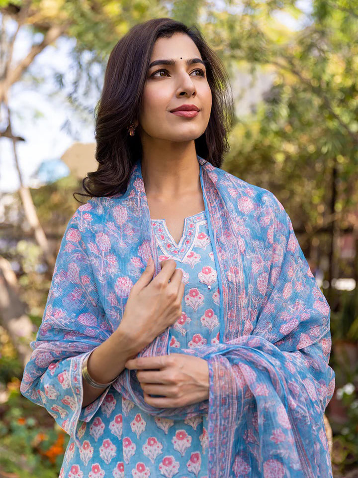 ZERESOUQ-Blue-Viscose-Rayon-Printed-Straight-3-Piece-Kurta-Sets