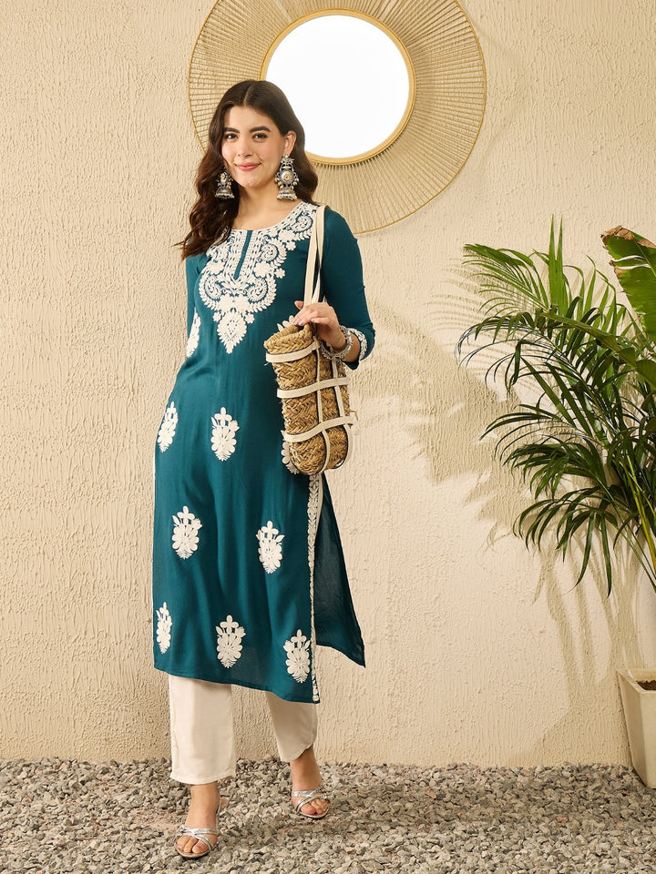 Blue Viscose Rayon Solid Embroidered Straight Kurta