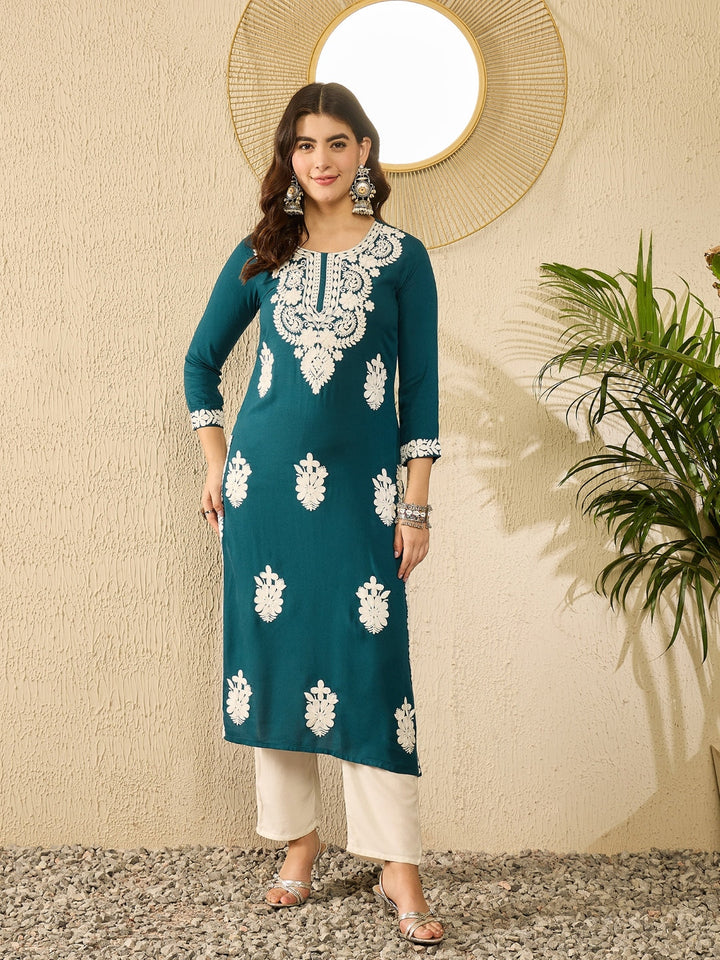 Blue Viscose Rayon Solid Embroidered Straight Kurta